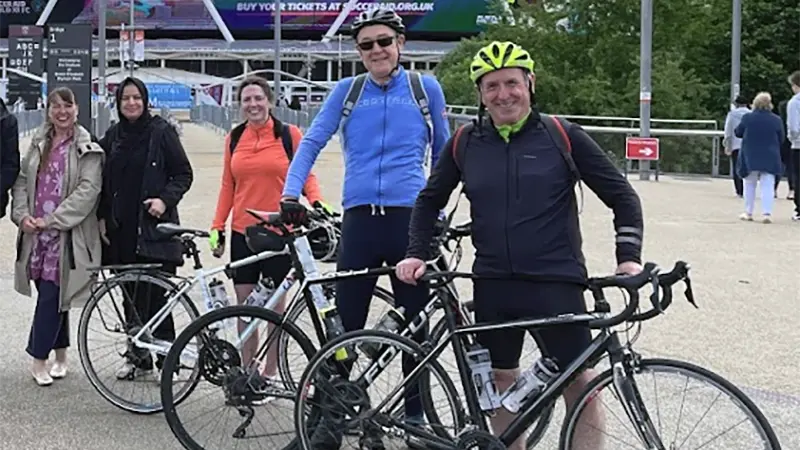 London to Cambridge Bike Ride 2022 - Supporters seeing off the cyclists in Stratford London to Cambridge Bike Ride 2022 - Supporters seeing off the cyclists in Stratford