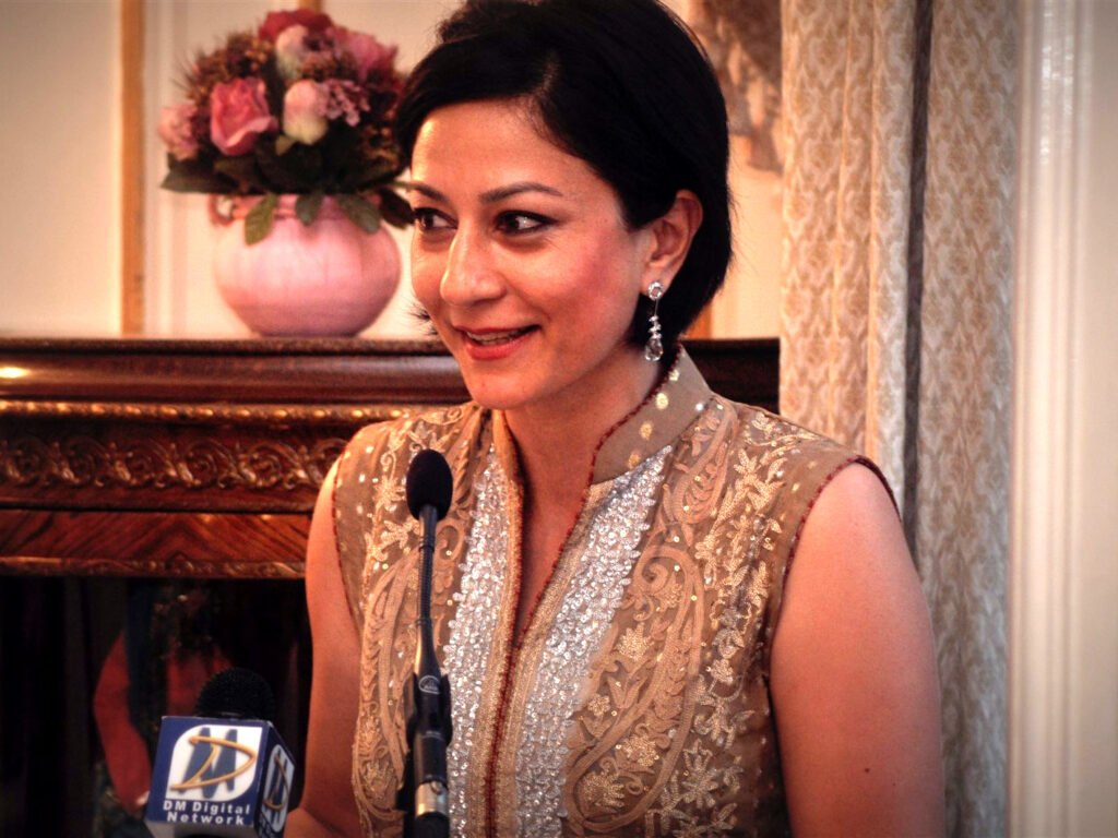 Broadcast presenter Sonia Qureshi speaking at a microphone at the annual dinner